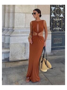ZARA BROWN OPEN BACK CUT-OUT DRESS SIZE XS